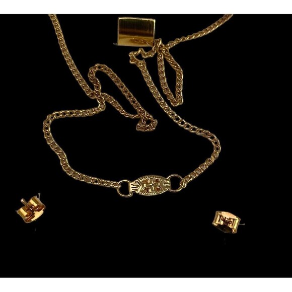 Vintage Necklace and Earring Set Gold Tone 4 Leaf Clover Shape Heart Rhinestone - Picture 3 of 3